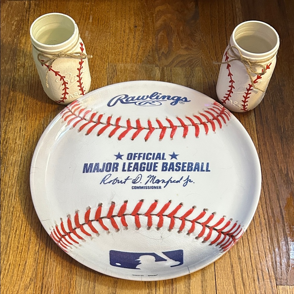 First Birthday Decor Baseball Plates Mason Jars ONE letters One flag Red  White